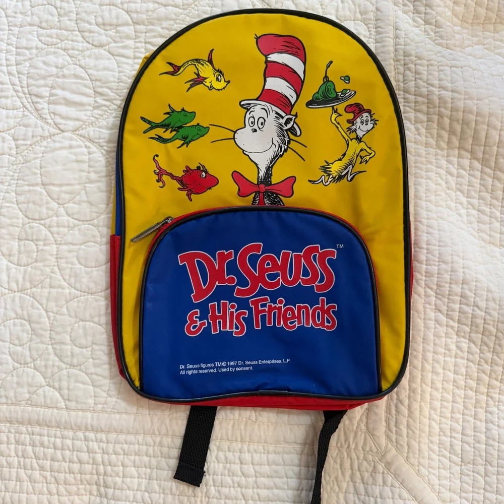 Vintage 1997 Dr Seuss and His Friends Cat in the Hat Kids Backpack Yellow Blue